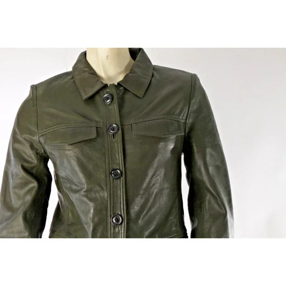 Zadig & Voltaire Liam Green Leather Button Down Collared Jacket Size XS